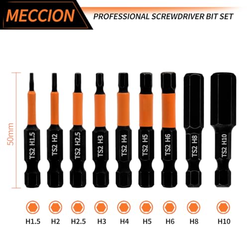 Meccion Allen Screwdriver Bit Set 9pcs 50mm Length Professional Hex Head Magnetic Impact Driver Bit H1.5 H2 H2.5 H3 H4 H5 H6 H8 H10-1/4" Hex Shank - Image 2