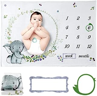 Baby Milestone Blanket for Boys Girls, Baby Monthly Blanket Monthly Fleece Blanket Elephant Animal Printed Growth Soft Comfortable Blankets with 2 Felt Photo Frame 40x60 Inches