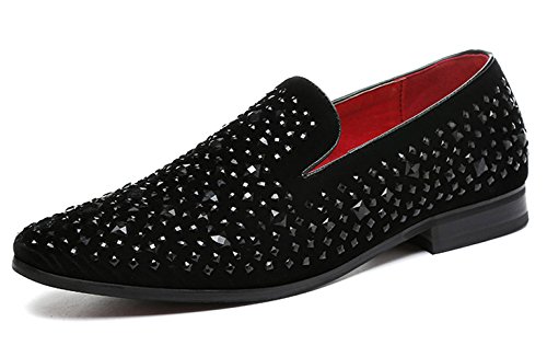 Santimon Loafer Smoking Slipper Moccasins Men Slip on Handmade Rhinestone Studded Pointed Toe Shoes Black