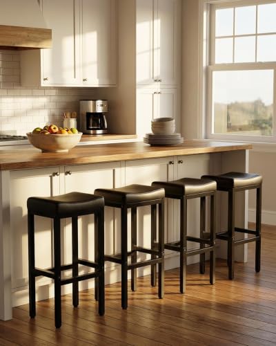 Image of Bar Stools Set of 2-24 Inch Counter Height Chairs for Kitchen Island, Leather Seat with 400 LBS Heavy-Duty Metal Frame and Adjustable Feet, Easy to Assemble for Bar, Cafe or Dining Room,Black