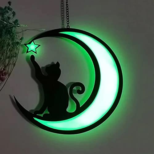 QUDOOS Moon Black Cat Decorations, Black Cat On Moon Window Hangings Ornament, Star Moon Cat Decor Gifts for Cat Lovers, Window Home Garden Decoration (Color : Green, Size : 20 * 22cm)