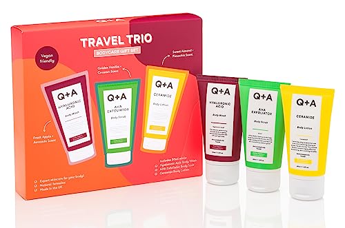 Q+A Travel Trio Body Care Giftset, containing a Hyaluronic Acid Body Wash, AHA Exfoliator Body Scrub - Image 2