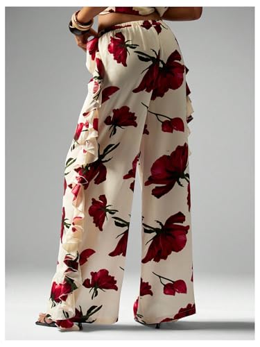 Women's Floral Palazzo Pants Boho Ruffle Elastic High Waist Wide Leg Baggy Trousers2
