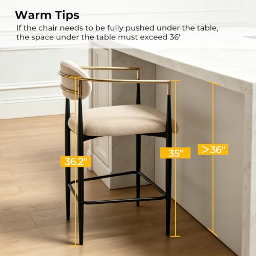Butacos modernos para barra, 25'' con tapizado Boucle y brazos, sillas de isla estilo medio siglo con respaldo y patas de metal para cocina, comedor, cafetería, juego de 4, color caqui miniatura 3