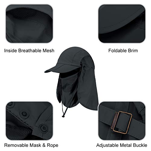 Foldable Sun Cap, Fishing Hats, Upf 50+ Protection Caps With Face Mask Neck Flap Black #TOP1