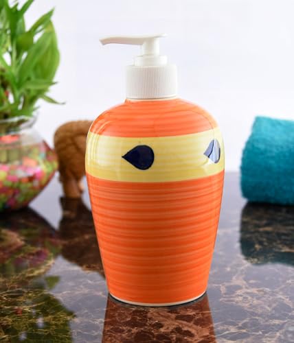 Image of Ceramic Liquid Soap Dispenser, 450 ml, Orange Yellow | Refillable Pump Bottle for Hand Wash, Lotion, Shampoo & Kitchen Use, 1 Piece