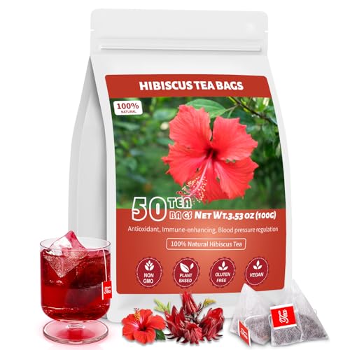 Hibiscus Tea Bags, 100% Natural Hibiscus Flowers Herbal High Blood Pressure Tea Bags, No Sugar/Gluten, Caffeine Free-50 Count (Pack of 1)