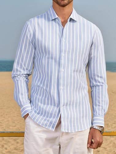 Esabel.C Men's Linen Casual Button Down Shirts Long Sleeve Striped Cotton Regular Fit Beach Wedding Shirts2