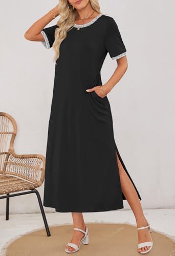MEROKEETY Women's 2025 Summer Casual Maxi Dress Spring Beach Vacation Short Sleeve Crewneck Split Midi T Shirt Dresses4