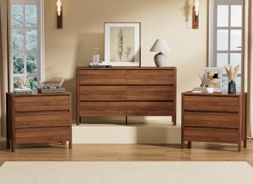 Image of Furniway Walnut 3 Piece Bedroom Set, 6 Drawer Dresser and Nightstands