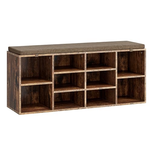 YBXGO Shoe Storage Bench with Cushion, 41'' Long Entryway Bench with 10 Compartments Shoe Rack, Multifunctional Cubby Storage Organizer for Living Room, Hallway, Bedroom and Closet, Brown