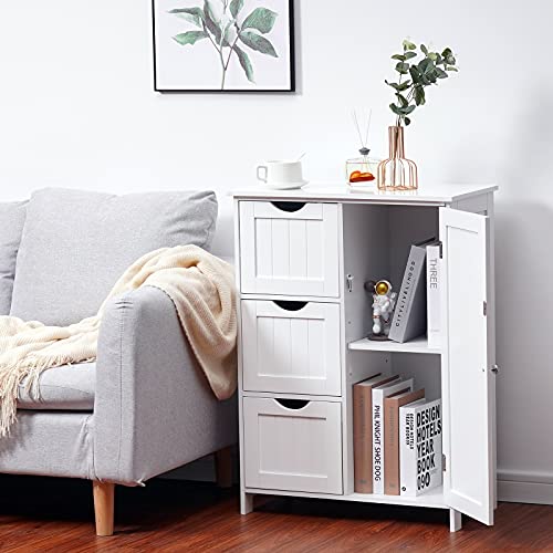 Reettic Bathroom Floor Cabinet, Wooden Freestanding Storage Cabinet, Side Storage Organizer With 1 Cupboard And 3 Drawers, Adjustable Shelf, 23.6" L X 11.8" W X 31.9" H, White Bysg101W #TOP3