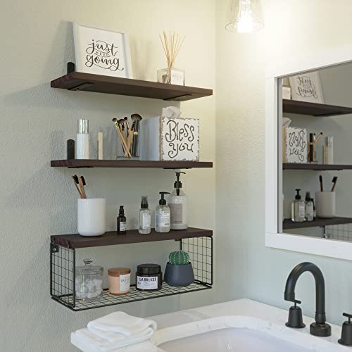 Wopitues Floating Shelves Wall Mounted, Rustic Wood Bathroom Shelves Over Toilet With Paper Storage Basket, Farmhouse Floating Shelf For Wall Decor, Bedroom, Living Room, Kitchen–Carbonized Brown #TOP6