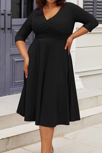 CLOCOR Women's Plus Size Midi Dress 3/4 Sleeve A-Line Swing Dress V Neck Flowy Casual Dresses2