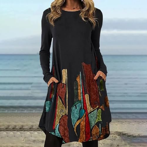 Tunic Dress for Women Casual Crew Neck Long Sleeve Vintage Printed T Shirt Dress Comfy Loose Swing Midi Dress Trendy Pullover2