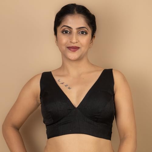 Image of FIGURE'S DESIGNER Women's Dupion Raw Silk Sleeveless V Neck Sabyasachi Cut Readymade Saree Blouse Padded Stitched S4