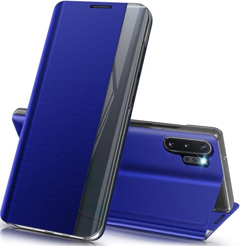 Phone Case for Samsung Galaxy Note10 Plus Case, Clear View Window Slim Mirror Galaxy Note10 Plus Case with Kickstand, Hard PC Flip Shockproof Protective Cover for Samsung Note10+ Case (Blue)