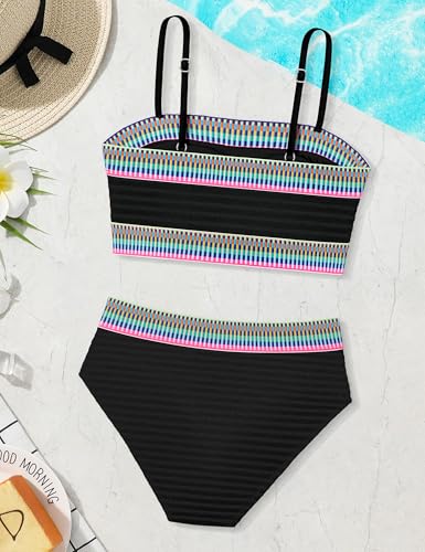 Image of DONWEN Girls Swimsuits V Neck Bikini Set Textured High Waist Girl Two Piece Bathing Suit
