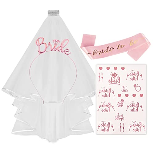 Despedida de Soltera Accesorios Bride to Be Complementos Disfraz Decoracion Kit Juegos Pack Despedida de Soltera Incluye Velo Novia + Bandas + Diadema + Tatuajes para Fiesta Amigas Mujer Articulos