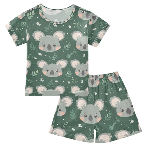 ALAZA Cartoon Koala Green Pajamas Set Short Sleeve Cotton Sleepwear Summer Pjs 2 Piece 5-14Y