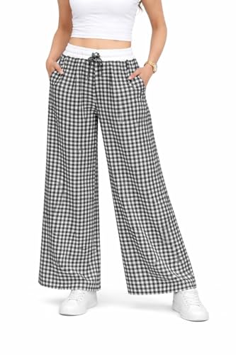 Image of Women's Cotton Wide Leg Palazzo Pants | Gingham Check Pattern with Drawstring | Elastic Waist | Casual Lounge Wear |