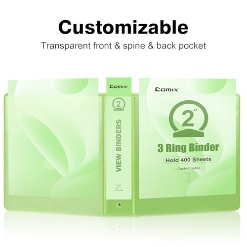 Image of COMIX Sturdy Standard 2 Inch 3 Ring Binder with Clear View Cover | 2 inchRound Ring,PVC-Free,Holds 400 Letter Sheets,Morandi Multicolor for Students & Office,6 Pack (Light Green)