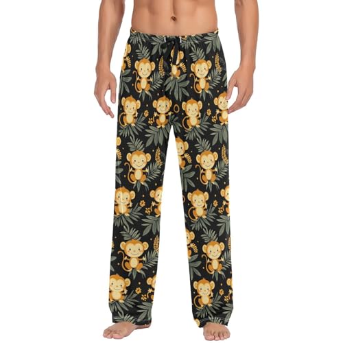 Mens Pajama Pants Monkey Palm Leaves Flower Soft Lounge Sleep Pj Bottoms with Drawstring Pockets2
