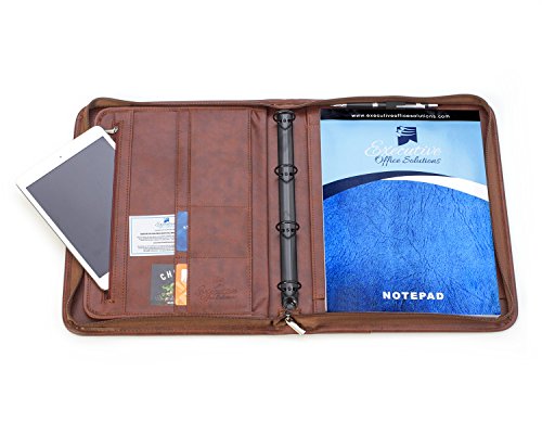 Professional Business Padfolio Portfolio Briefcase Style Organizer Folder Notepad and 4 Ring Binder - Brown Synthetic Leather