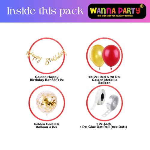 Image of WP WANNA PARTY Elegant Birthday Decoration Items Kit - 47Pcs Including Happy Birthday Banner , Red & Gold Balloons ,Confetti Balloons for Adults,Wife, Husband, Boyfriend, Girlfriend