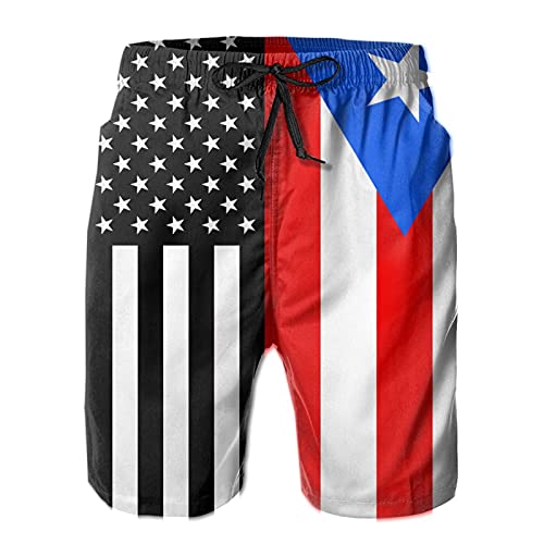 USA Puerto Rico Flag Men's Swim Trunks Beach Shorts Board Shorts with Pockets White