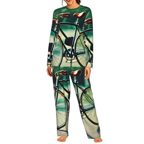 Pyjama femme élastique et chaud : ensemble manches longues au style bicyclette vintage