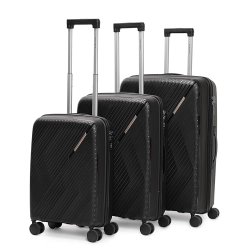 Image of VLITE Ted Set of 3 (S+M+L) Lightweight Polypropylene Suitcase | Anti-Theft Double Zipper | Built-in Number Lock | Spacious & Durable Luggage | 3-Year Warranty (Black)
