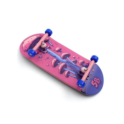 SPITBOARDS® 36 x 96 mm Wood Fingerboard Complete Set-Up, Pre Assembled, 5-Layers Wood, Pro Trucks with Lock Nuts, CNC Bearing Wheels, Real Wear Graphics, Lasered Foam Grip Tape, Alien Mushrooms