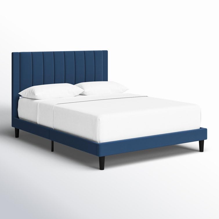 Image of HITHOS Modern Upholstered Queen Size Bed with Wingback Headboard | Wooden Double Bed Cot Palang Without Storage for Living Room Bedroom Home (Navy Blue) 1 Year Warranty