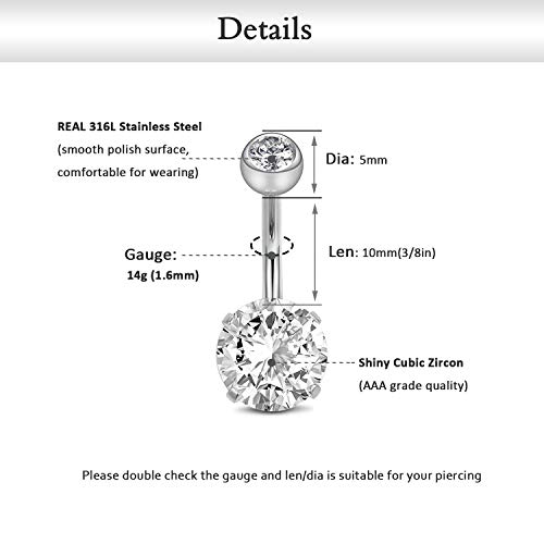 Fectas 14G Belly Button Rings Surgical Steel Cz With Retainers Navel Ring Barbell For Women Girls Body Piercing Jewelry Rose Gold Silver #TOP1