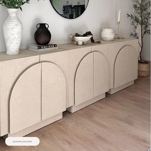 Image of Nathan James Iris Mid Century Modern Arched Curio Cabinet with Beige Linen Finish, Wooden Storage Cabinet with Doors