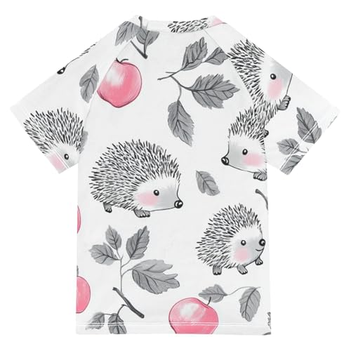Boys Short Sleeve T-Shirts Apple Hedgehog White Animal Rashguard Kids Swim Shirts Sun UPF 50+2