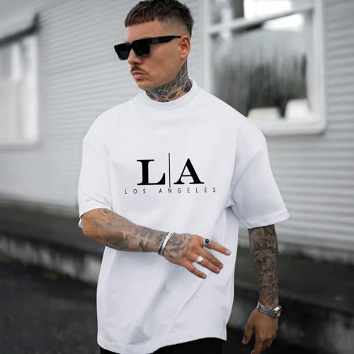 Image of BeWithYou Oversized Graphic Tshirts for Men Vintage Los Angeles Letter Graphic Shirt Baggy Streetwear Tee Casual Cotton Tops