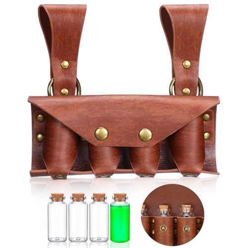 Teenyyou Halloween Medieval Alchemy Faux Leather Potion Bottle Belt Holder with 4 Cork Potion Vials Renaissance Fantasy Wizard Pouch with Belt Loop for Cosplay Costume Accessories, Brown