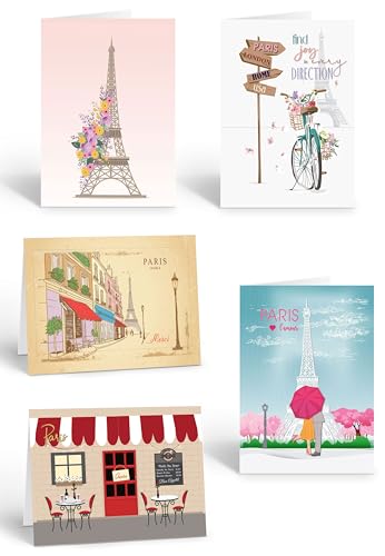Image of Stonehouse Collection Assorted Paris, France Note Cards | Parisian Greeting Cards with Eiffel Tower and Bistro Scenes | 10 Blank Cards with Envelopes