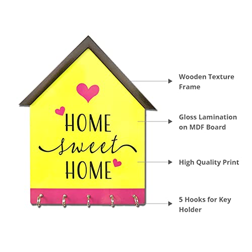 Image of BEE CREATIVE Designer Colorful Wooden Key Holder for Home Decor Stylish | Key Holder for Home | Key Stand with 5 Hooks (Home Sweet Home)