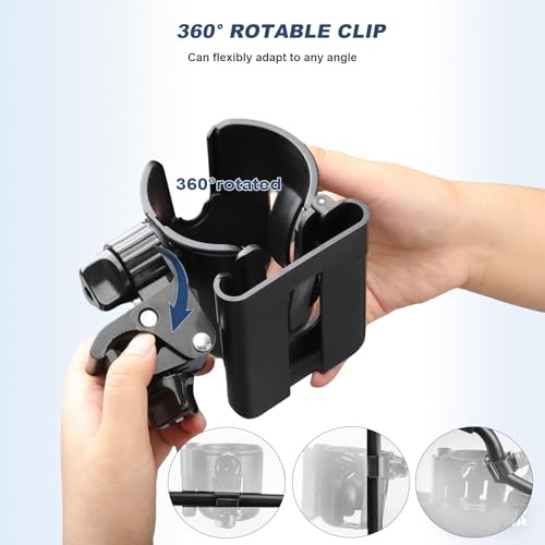 Image of WHLICKS 2-in-1 Walker Cup Holder with Reversible Phone Holder,Fit for Wheelchair, Rollator, Scooter, Bike, Mobility, Camper, Stroller with Sturdy,Rotatable,Adjustable and Anti - Slip Clip