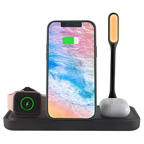 EALEK 4 in 1 Wireless Charging Station, Foldable Wireless Charger with Lamp, Charging Dock Compatible with iPhone 13/12/11/Pro/Pro Max/XR/XS/8, iWatch, AirPods(Black) Cover