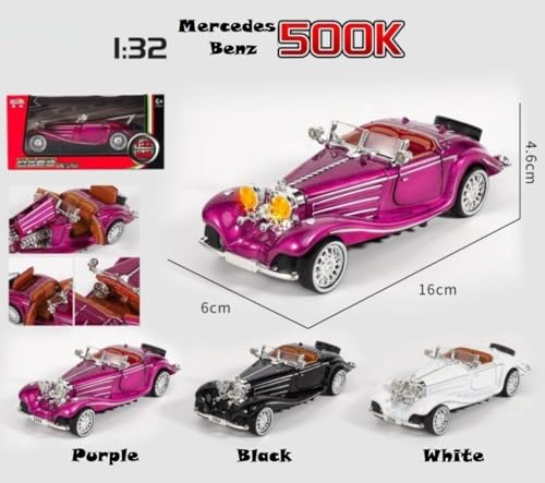 Image of Alokik Enterprise 1:32 M Benz 500K Vintage Classic Car Model Diecast Toy with Pull Back Action, Openable Doors & Lights - Showpiece Collectible Gift for Kids & Adults (Purple /Black /White)