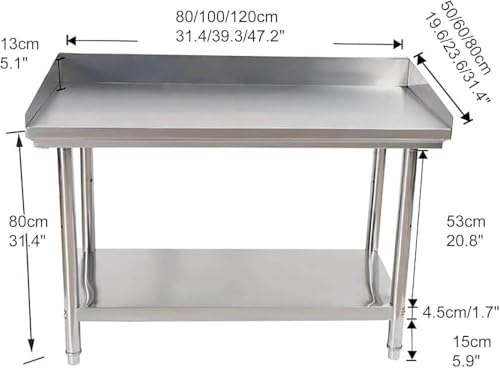 Tavolo da Lavoro Professionale in Acciaio Inox con Portata di 300 kg, banco da Lavoro Robusto con alzatina e ripiano Inferiore Regolabile per cucine, ristoranti e Servizi di Catering.