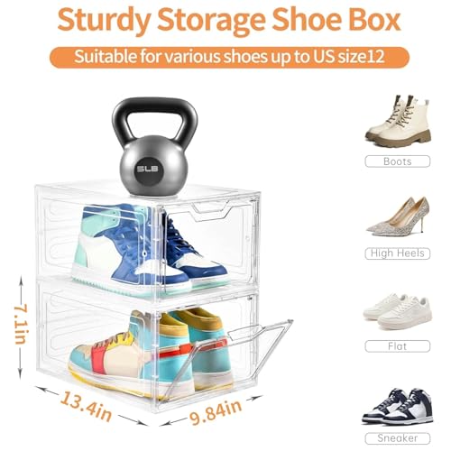 Image of 12 Pack Thicken & Sturdy Clear Shoe Storage Organizer with Magnetic Door, Shoe Boxes Clear Plastic Stackable for Closet, Shoe Rack for Sneaker Boot Container, Shoe Cabinet Fit up to US Size 12