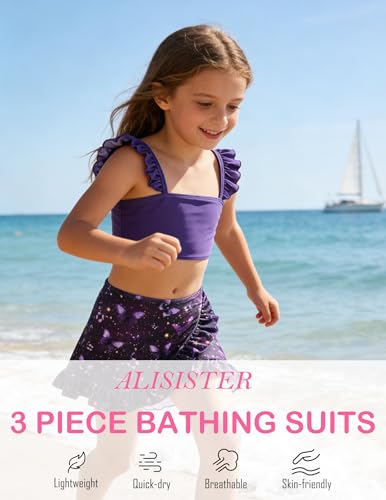 Image of ALISISTER Girls Swimsuit 3 Piece Bathing Suits Summer Bikini Tankini Sets with Cover Up Skirt for 4-12 Years