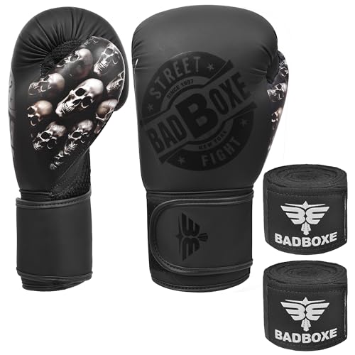 Badboxe Boxing Gloves, MMA Gloves Best for Daily Workout Hide Leather (Black Thumb Skull, 14oz)