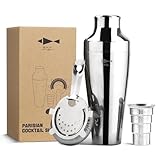 SKY FISH Barzubehör-Set 3-teiliges Barkeeper-Set aus Edelstahl – Cocktail-Shaker, Messbecher mit Messungen, Weißdornsieb – Anzug für Hausbars & professionelle Mixologen