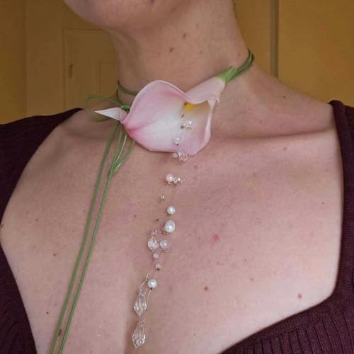 Flower Necklaces For Women, Calla Lily Flowers Choker Necklace Colorful Adjustable Ribbon Wrap Pearl Crystal Tassel Statement Jewelry Gifts3